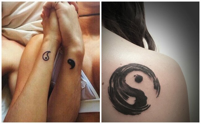 Tatuajes de Yin Yang en pareja al costado de munecas y en omoplato