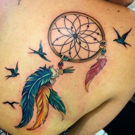Dream catcher tattoos of angel callers with swallows and feathers on the shoulder blade