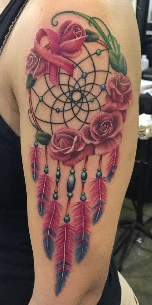 Dream catcher tattoos of angel callers with mono feathers and roses in a pink tone