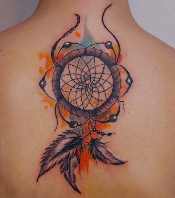Angel caller dream catcher tattoos on the back below the nape of the neck
