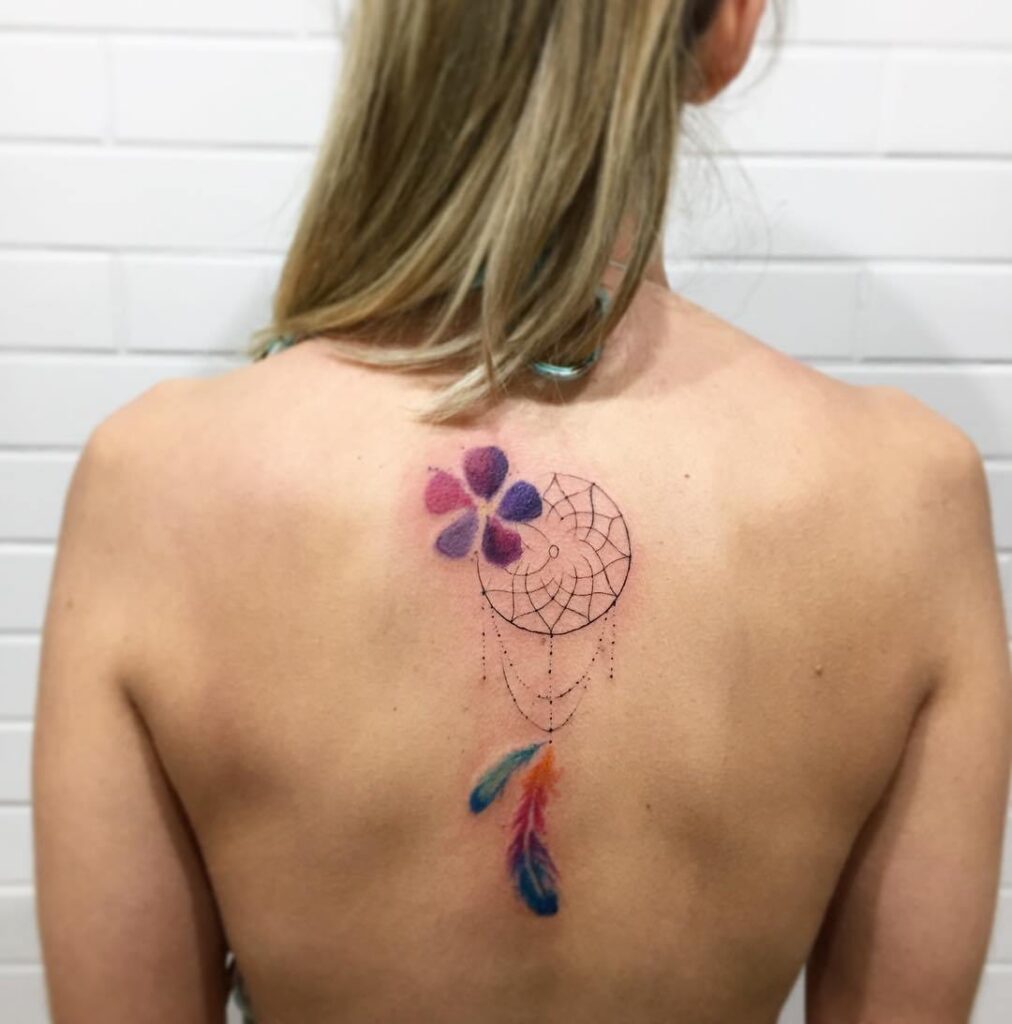 Angel caller dream catcher tattoos on back with watercolor flower