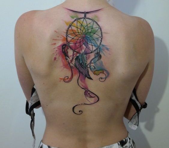 Angel caller dream catcher tattoos in warm orange yellow tones with feathers and circle on back