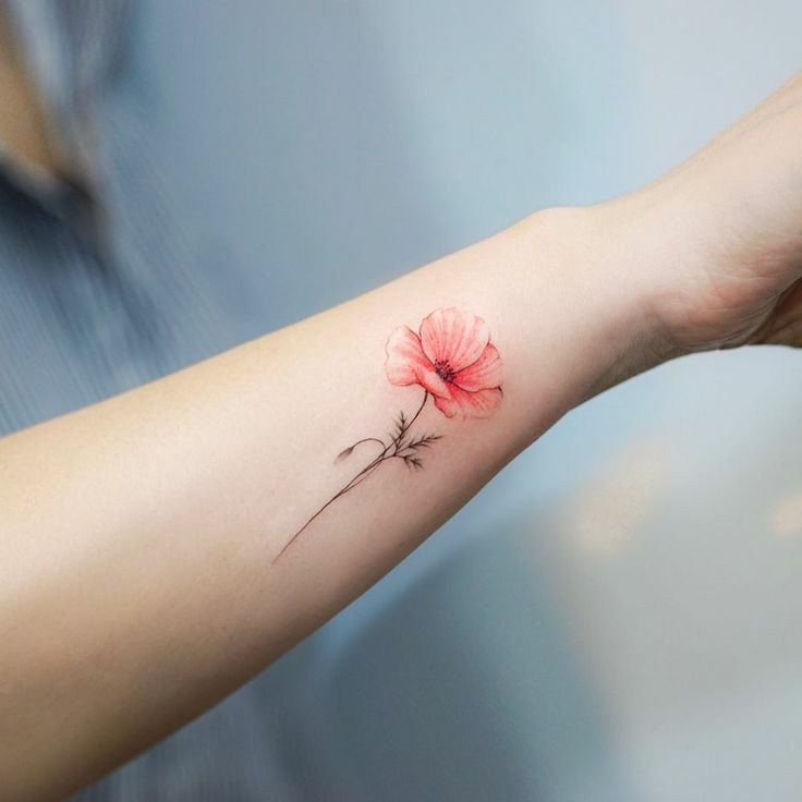 Tatuagens de flores vermelhas com pétalas finas de Papoula no pulso para mulher