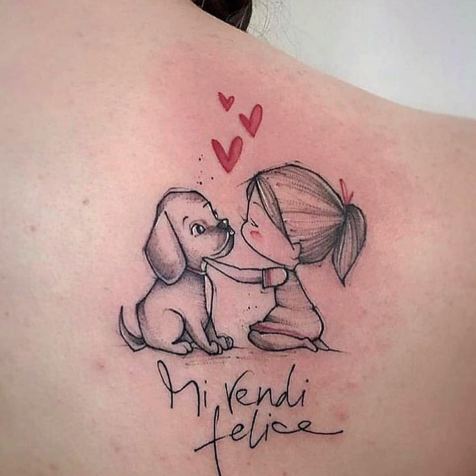 Tattoos of mothers for children daughter with puppy and hearts on the shoulder blade