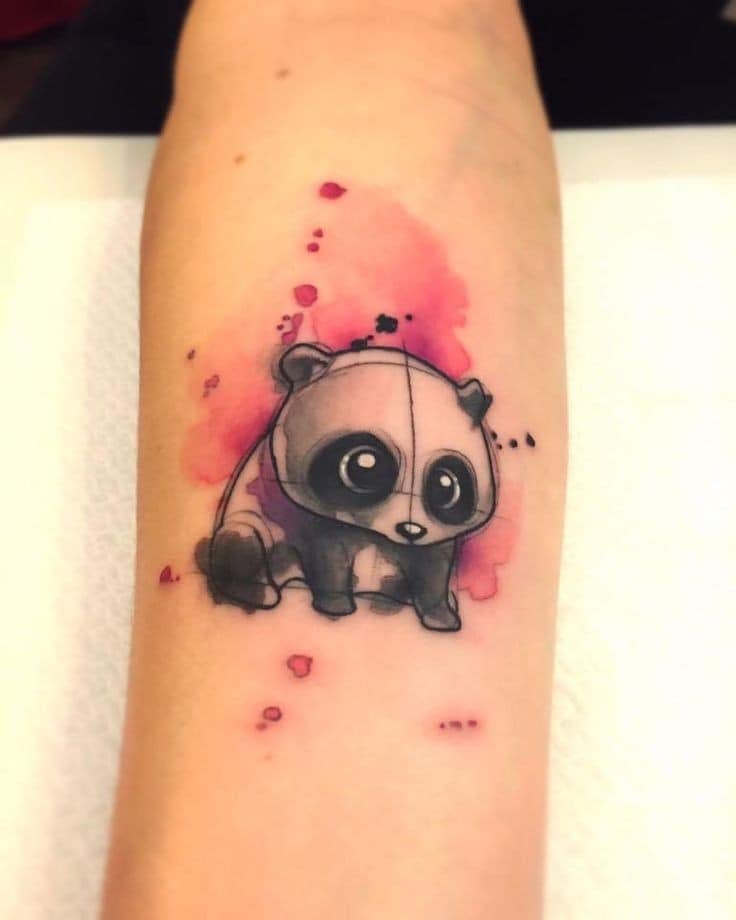 Panda bear tattoos in watercolor on arm in red tones
