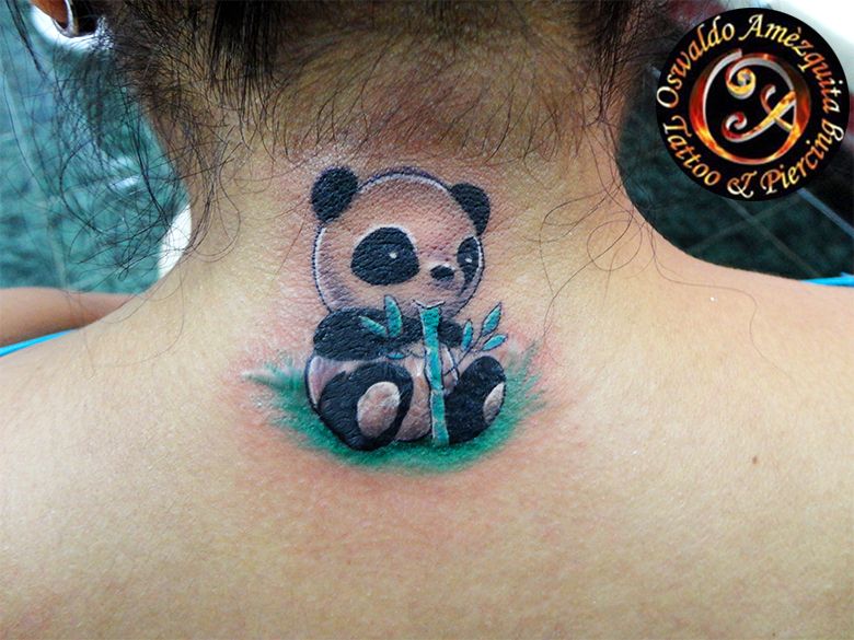 Panda bear tattoos on neck with bamboo cane