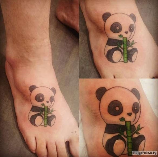 Panda bear tattoos on foot with bamboo cane