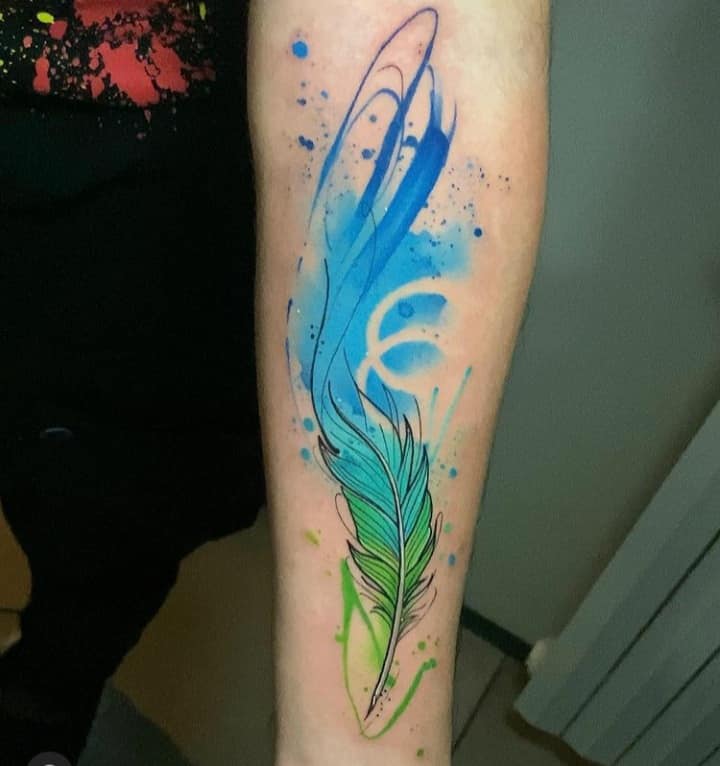 Watercolor feather tattoos in green and blue tones