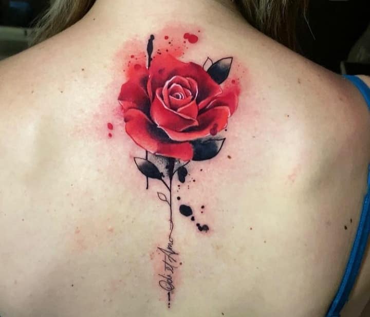 Tatouages à l'aquarelle Rose rouge et noire avec tige avec inscription au dos et à la colonne vertébrale