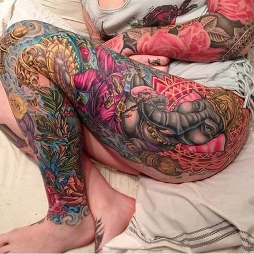 Tatuajes en Piernas Mujer Motivo abstracto de Arte elefante rosas y mas