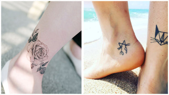 Tatuajes en Pies y Tobillos Mujeres Gato geometrico y rosa