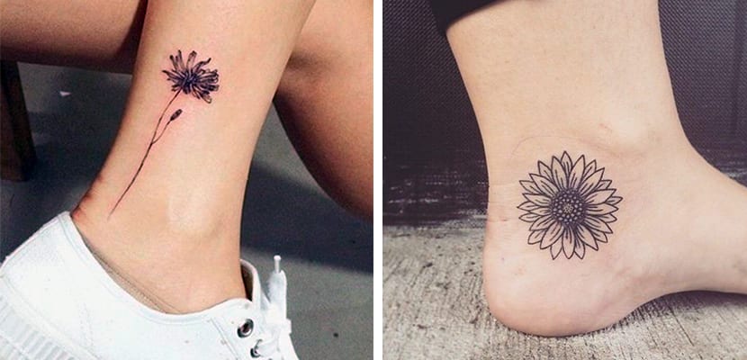 Tatuajes en Tobillo Mujer flor negra y contorno de girasol en talon
