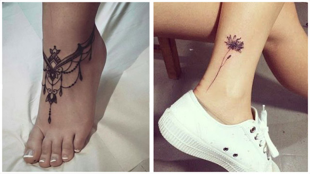 Tatuagens de flores de lótus e arranjos de flores negras no tornozelo