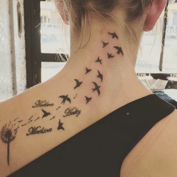 Tattoos on the Neck and Shoulder Blade dandelion and many birds three names Hudson Haley and Madison