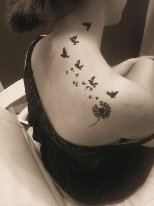 Tattoos on the Neck and Shoulder Blade six birds and dandelions flying from the shoulder to the neck