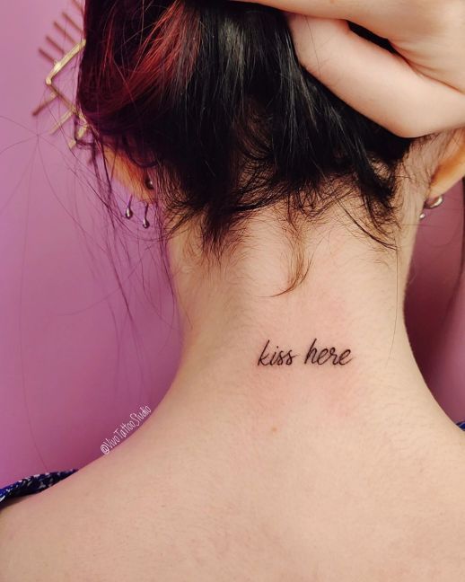 Tattoos on Nape Neck Inscription Kiss Here Kiss Here