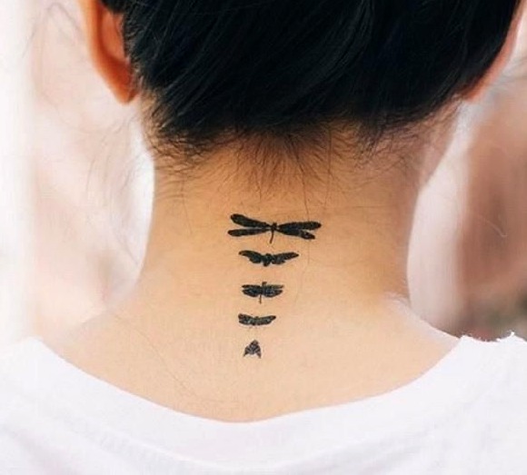 Tattoos on the Nape of the Neck Dragonfly in different stages that opens its wings and flies