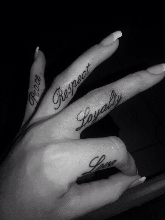 Tatuaggi sulle dita delle iscrizioni a mano su ciascun dito
