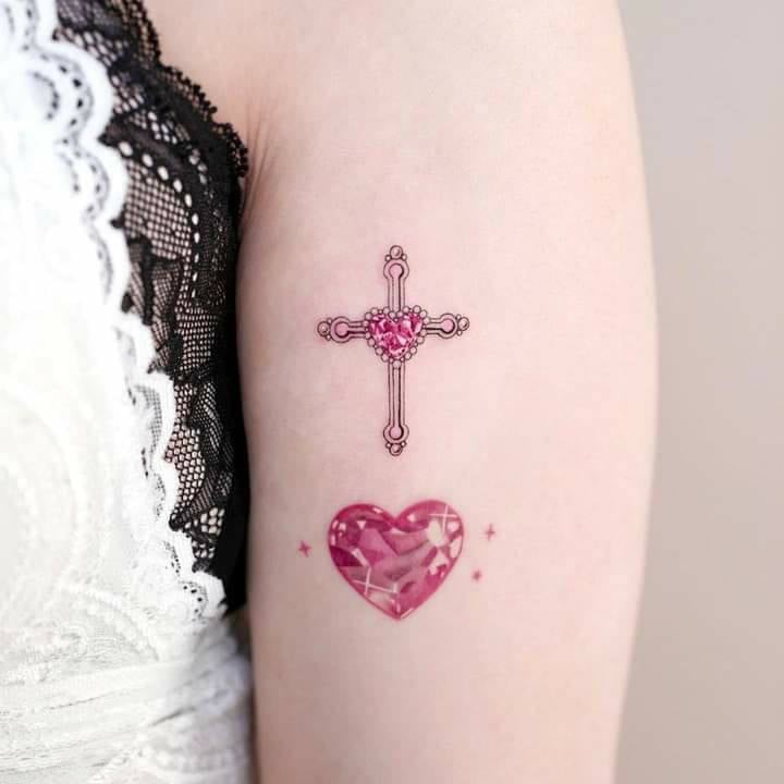 Tattoos for Women cross and heart of ruby red gem