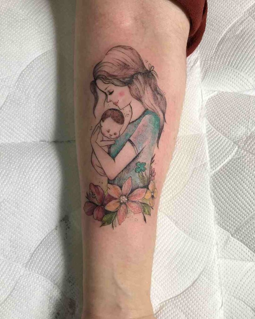 Tatuajes para madres mamas mma y nino en colores con flores antebrazo