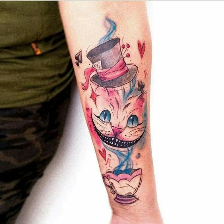 Tattoos for women the puss in boots in watercolor with cup and hearts