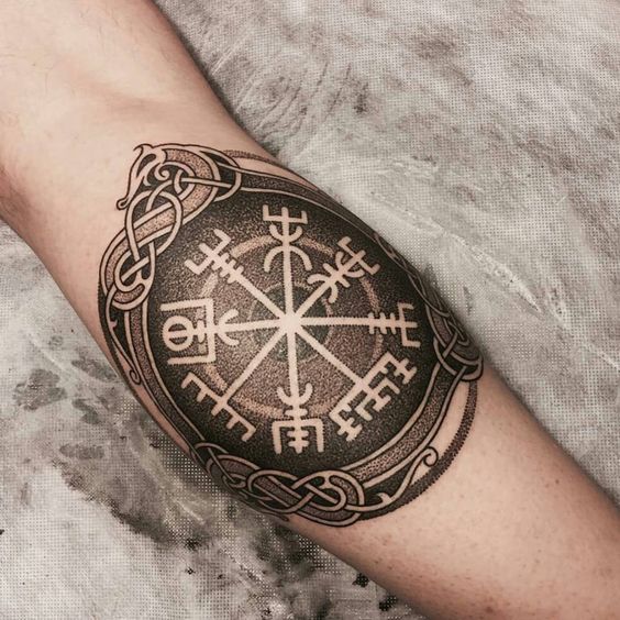 Vegvisir Icelandic runic compass on forearm with padding and decorations