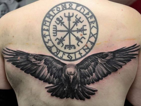 Vegvisir Icelandic runic compass on back with large eagle