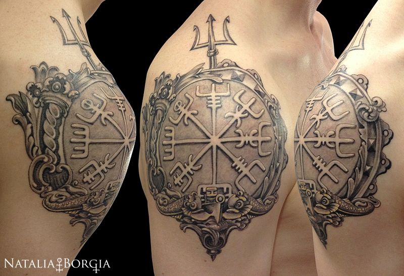 Vegvisir Icelandic runic compass on shoulder