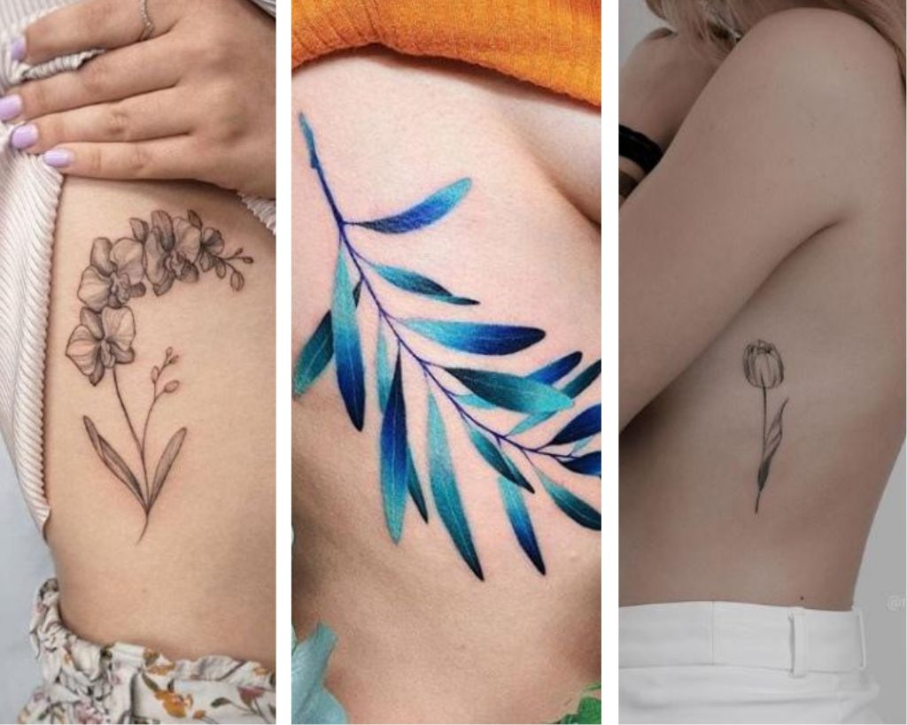 tatuaje en la costilla tres motivos en mujer de flores y ramas