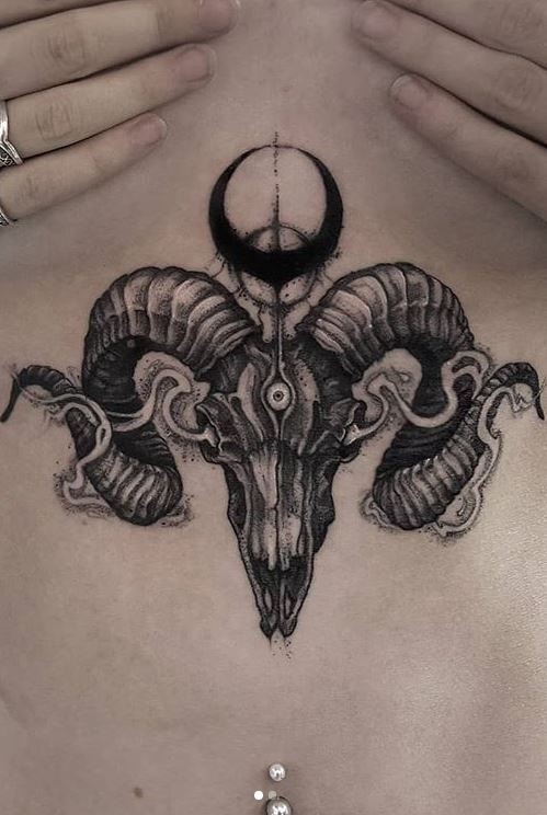 tattoo chest woman skeleton with horns