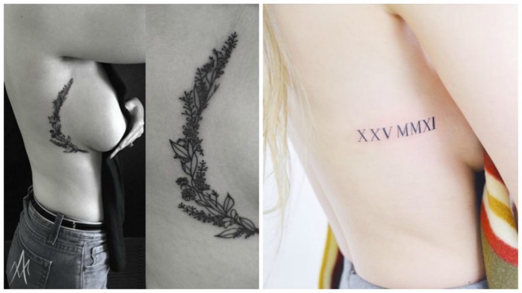 tattoos around the breasts of a woman laurels and roman numerals