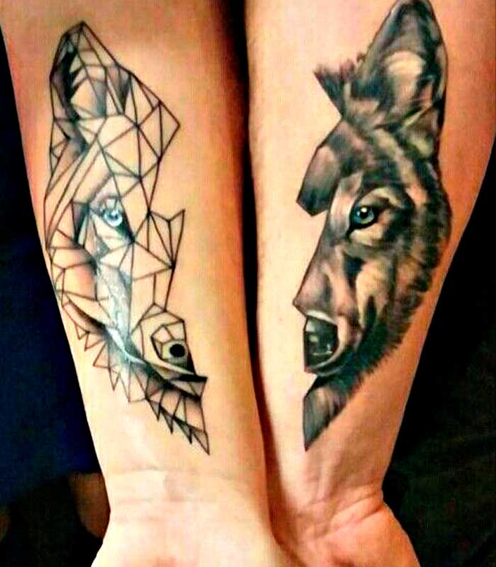 tattoos for friends sisters cousins geometric and realistic wolf face